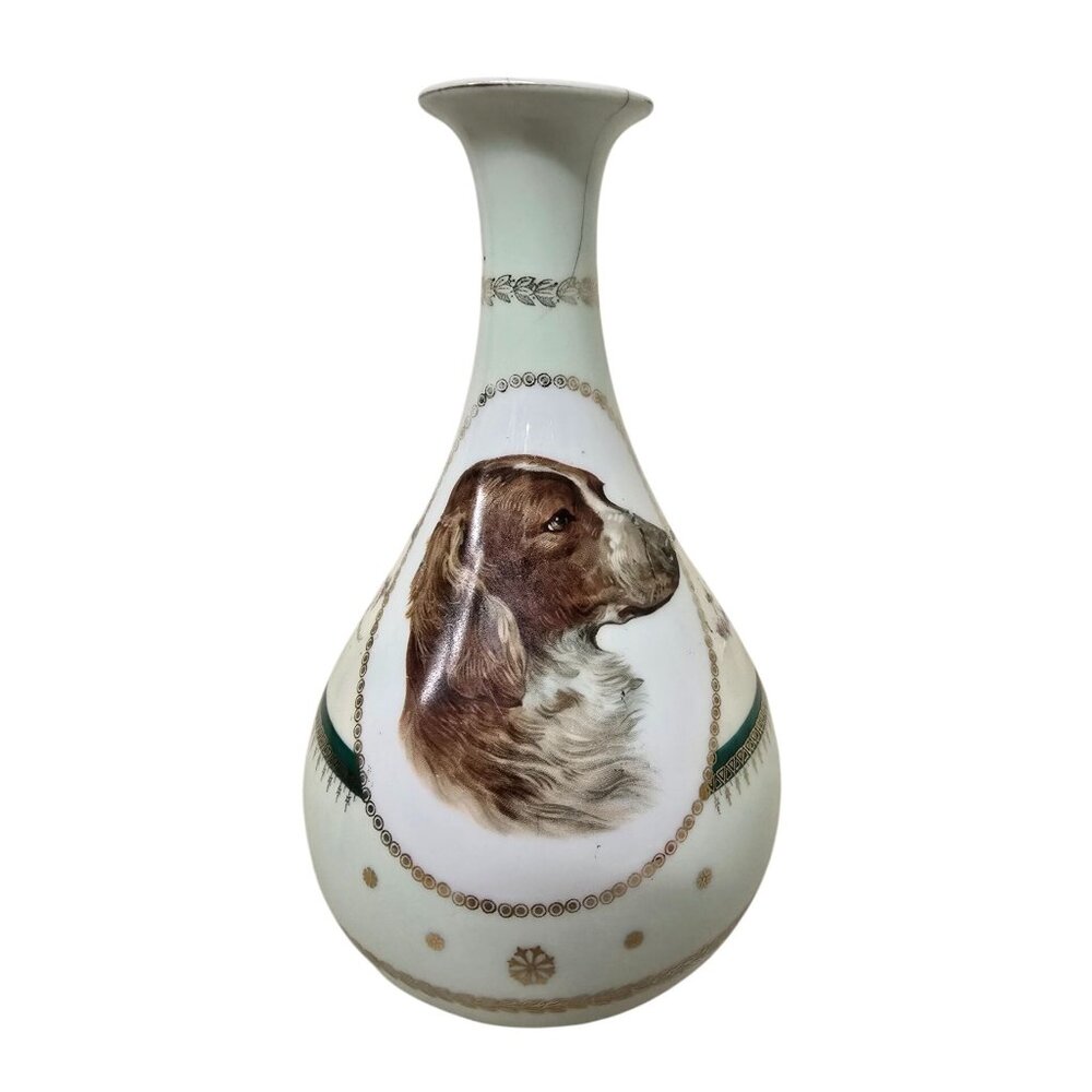 Antique Hand-Painted Porcelain Vase With Dog Portrait & Gold Detailing
